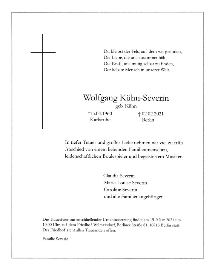 Traueranzeige Wolfgang Kuehn Severin